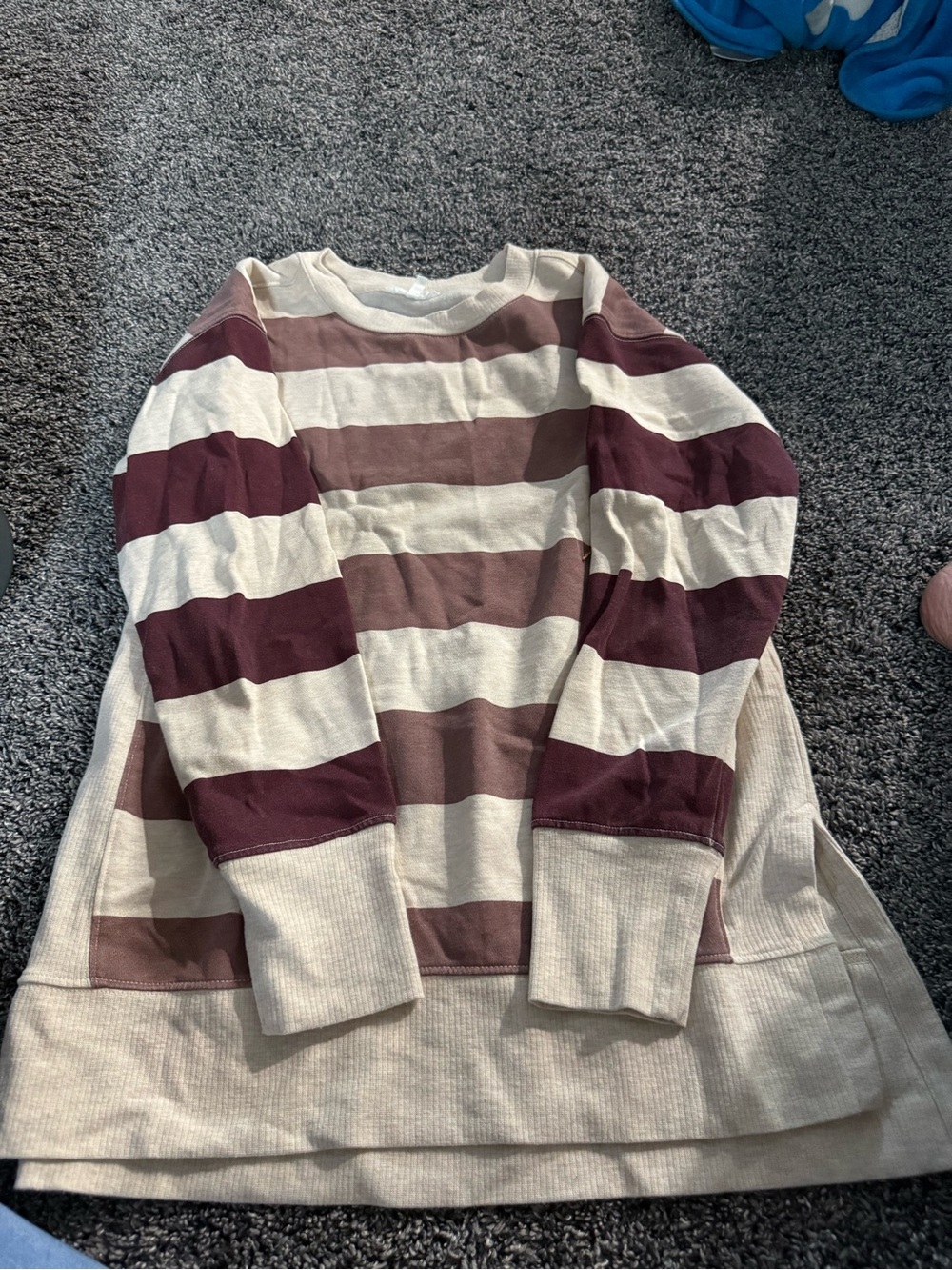 Maurices Cream and Burgundy Wide-Stripe Crewneck Sweater